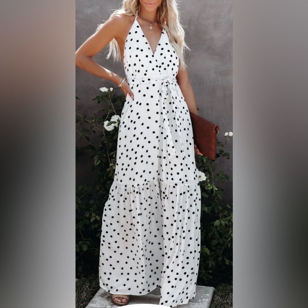VICI Polka Dot Dress – white maxi dress wedding Payce Halter rush week